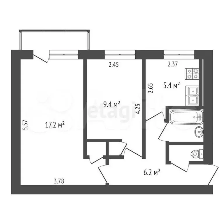 2-к. квартира, 42,4 м, 2/5 эт. - Фото 1