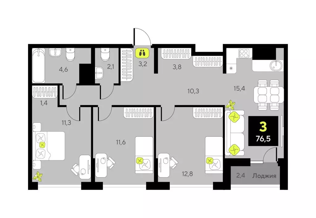3-комнатная квартира: Тюмень, улица Ивана Чистякова, 3 (76.5 м) - Фото 1