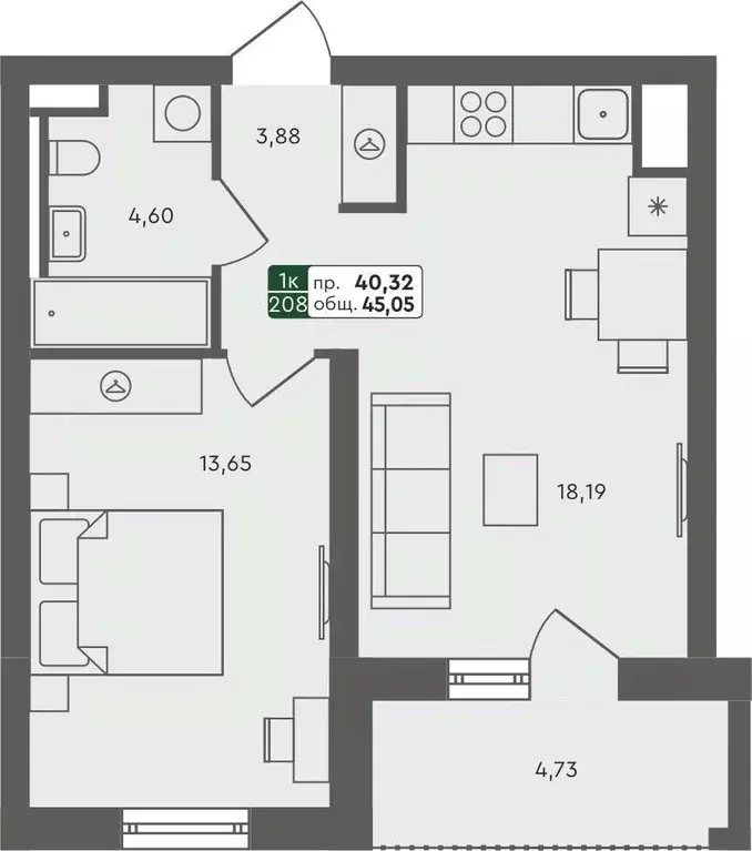 1-к кв. Омская область, Омск Красноярский тракт (45.05 м) - Фото 0