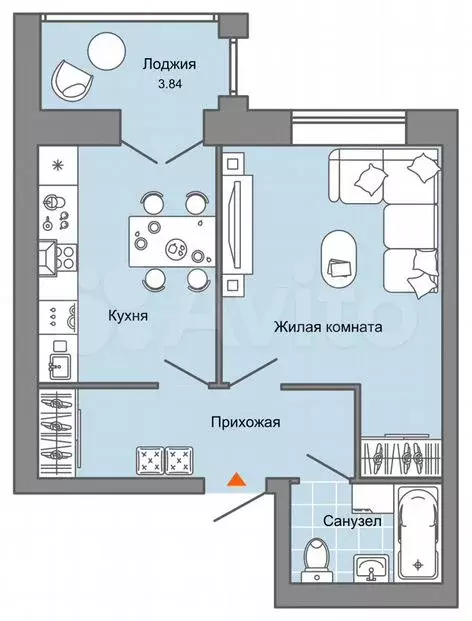 1-к. квартира, 38м, 4/8эт. - Фото 0