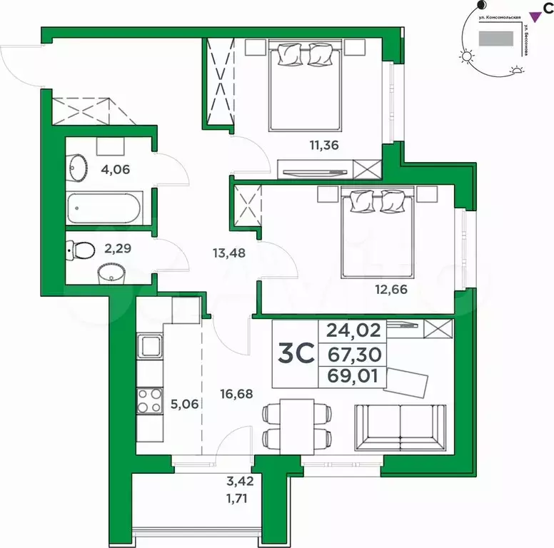 2-к. квартира, 67,5 м, 16/24 эт. - Фото 1