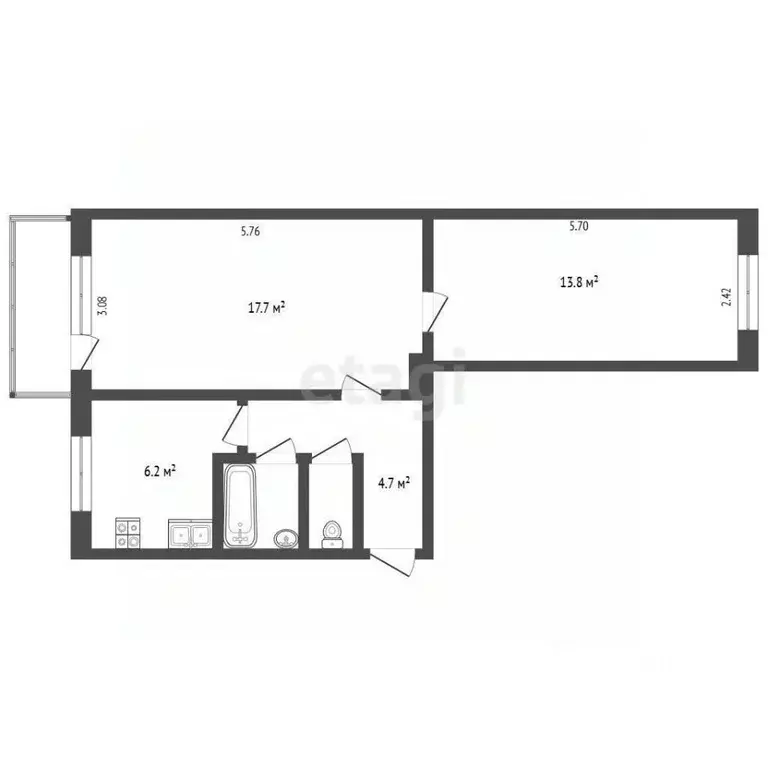 2-к кв. Калужская область, Калуга Телевизионная ул., 14к1 (45.7 м) - Фото 2