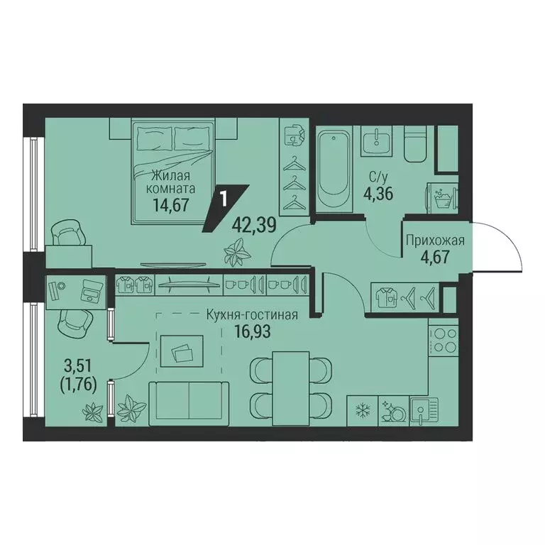 1-комнатная квартира: Екатеринбург, проспект Космонавтов, 100 (42.39 ... - Фото 1