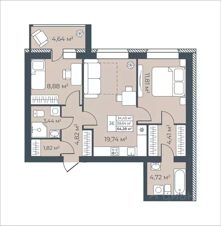 3-к кв. Тульская область, Узловая  (64.28 м) - Фото 1