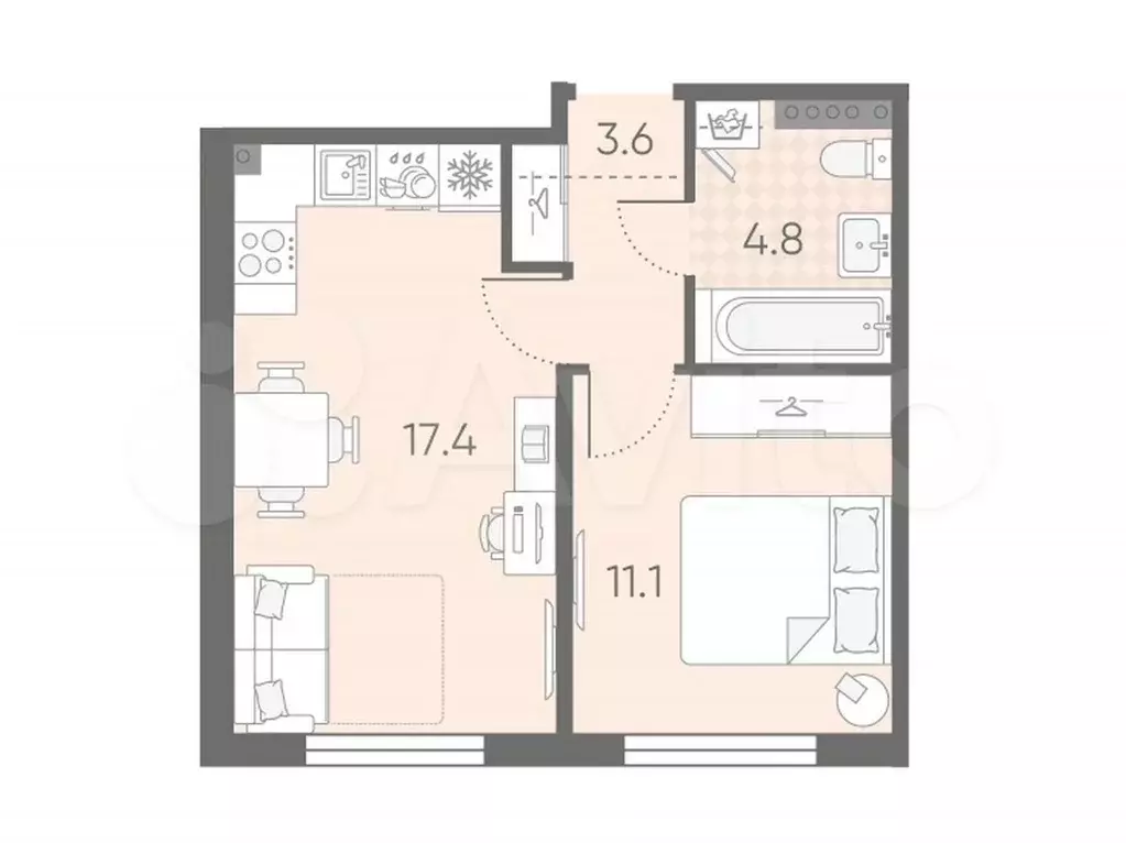 1-к. квартира, 36,9 м, 2/4 эт. - Фото 0