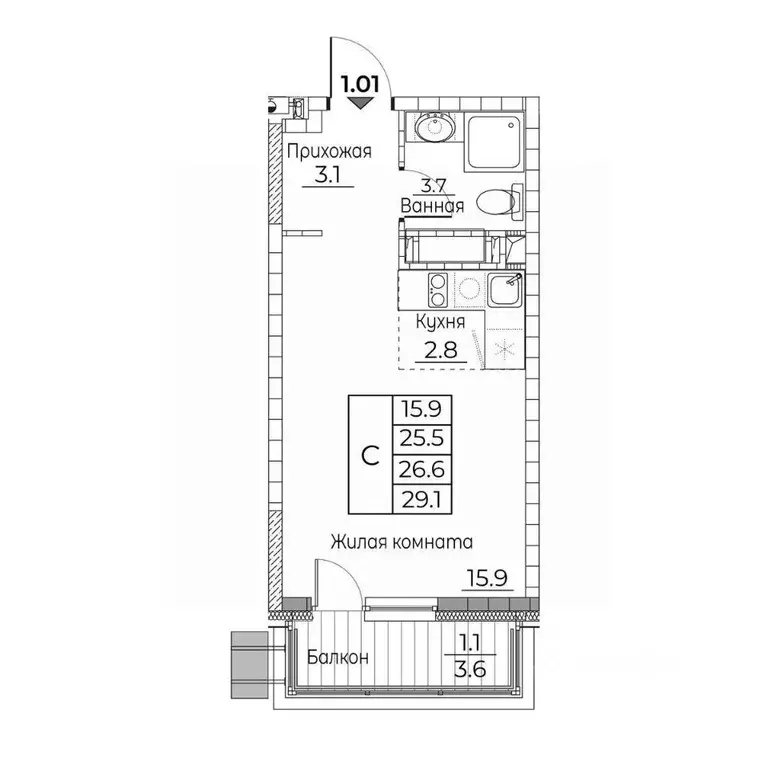 Студия Приморский край, Владивосток ул. Расула Гамзатова, 7к3 (28.5 м) - Фото 2