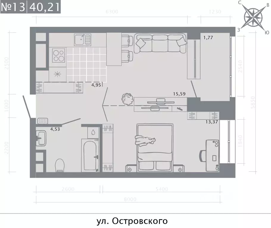 1-к кв. Татарстан, Казань ул. Островского, 105А (40.21 м) - Фото 0