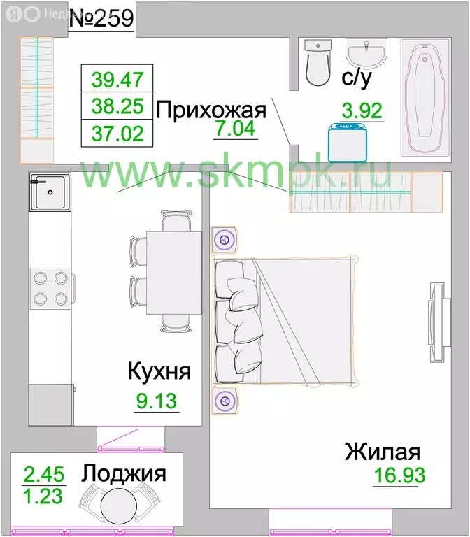 1-комнатная квартира: Калининградская область, Зеленоградск (38.25 м) - Фото 0