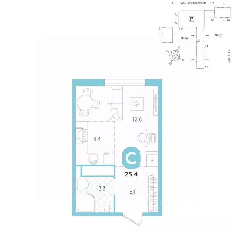Студия Тюменская область, Тюмень ул. Лесопарковая, 22 (25.4 м) - Фото 1