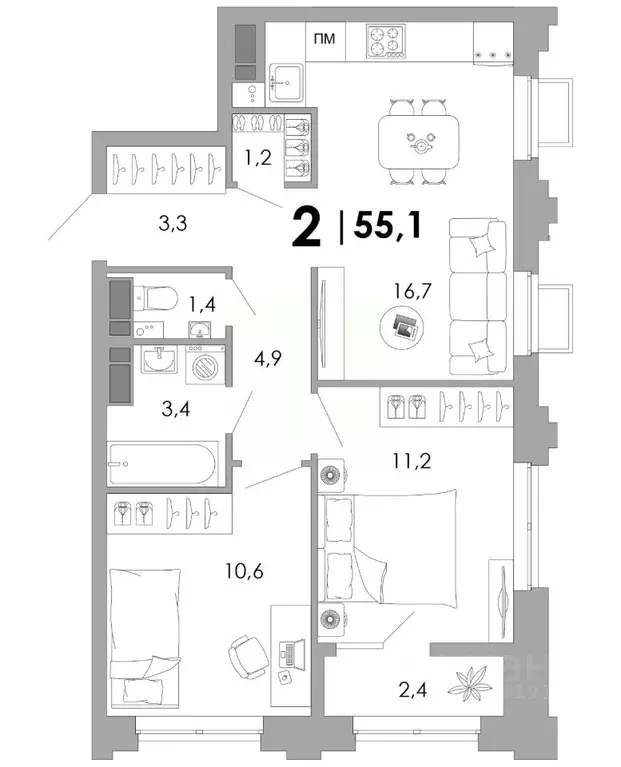 2-к кв. Владимирская область, Владимир Уно жилой комплекс (55.1 м) - Фото 1