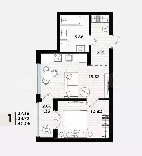 1-к. квартира, 40,1 м, 1/5 эт. - Фото 1