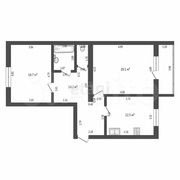 2-к. квартира, 65,4 м, 6/6 эт. - Фото 0