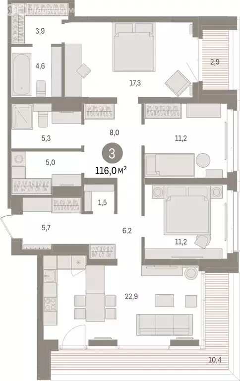 3-комнатная квартира: Тюмень, жилой комплекс На Минской (116 м) - Фото 1