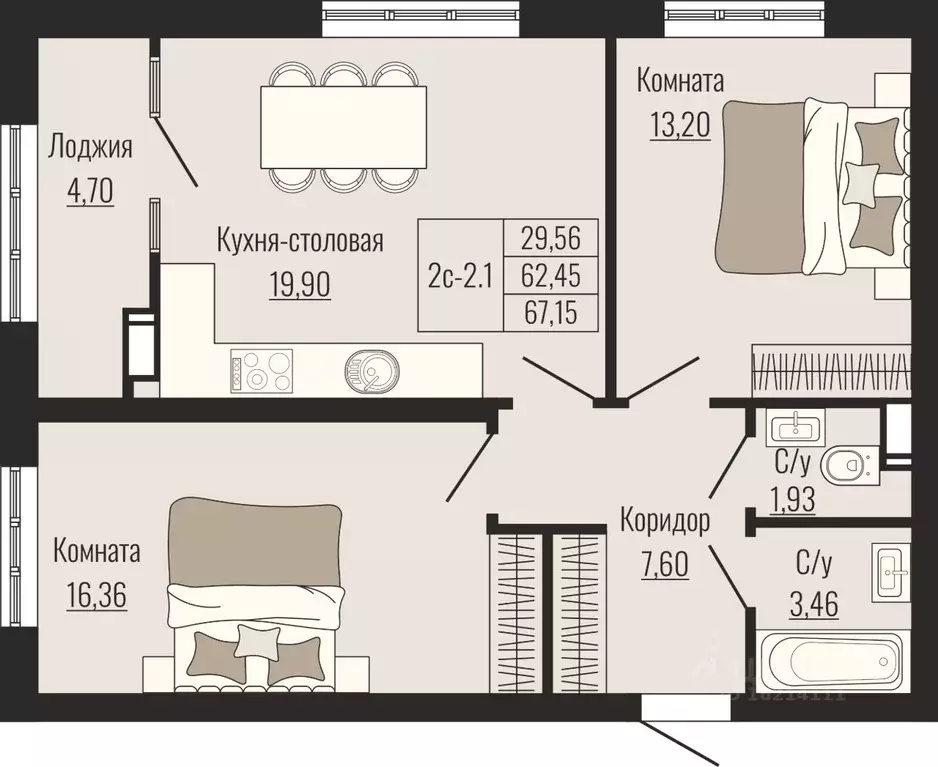 2-к кв. Ставропольский край, Ставрополь № 23 мкр,  (67.15 м) - Фото 1