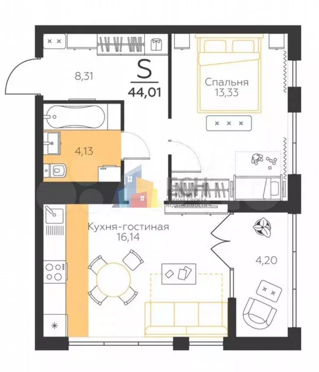1-к. квартира, 44 м, 3/5 эт. - Фото 0