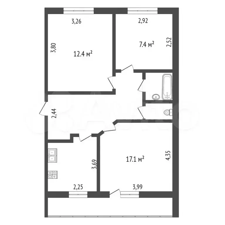3-к. квартира, 59,7 м, 1/3 эт. - Фото 0