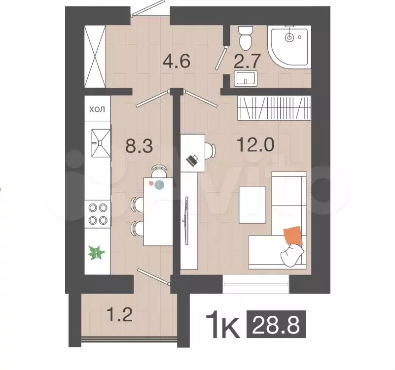 1-к. квартира, 28,8 м, 3/4 эт. - Фото 1