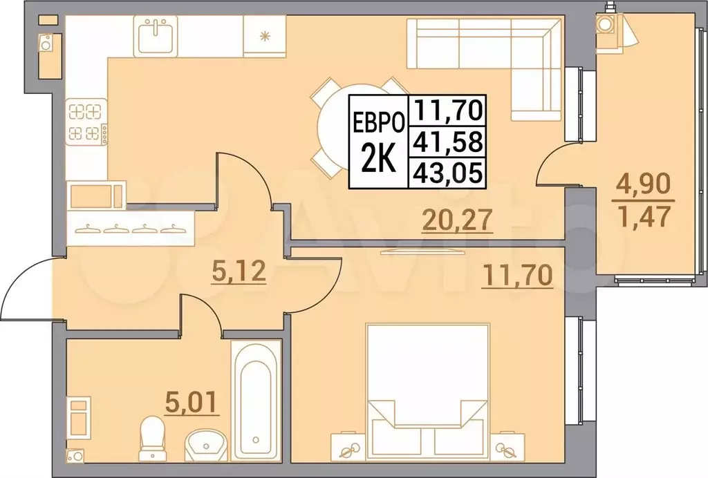 1-к. квартира, 43,1 м, 7/8 эт. - Фото 0