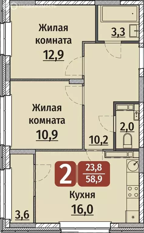 2-комнатная квартира: Чебоксары, улица Энергетиков, поз6 (58.9 м) - Фото 0