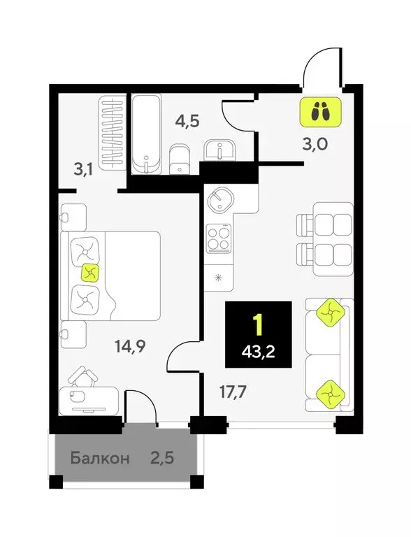 1-комнатная квартира: Тюмень, улица Разведчика Кузнецова, 9 (43.2 м) - Фото 1