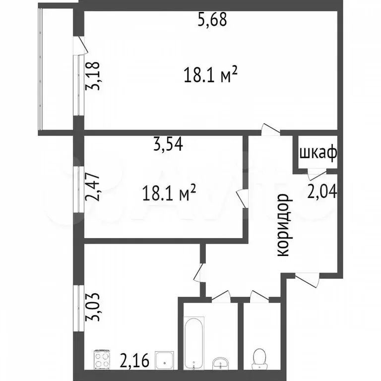 2-к. квартира, 46,4 м, 1/5 эт. - Фото 0