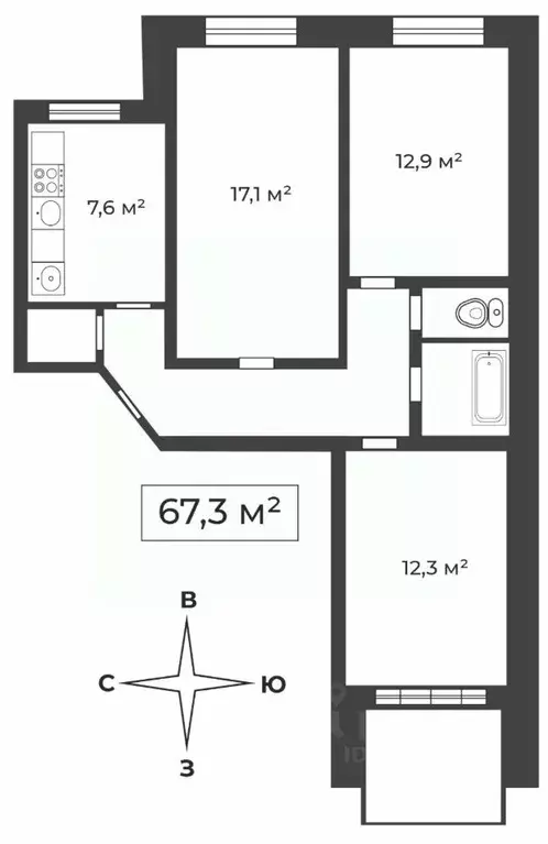 3-к кв. Челябинская область, Челябинск ул. Дегтярева, 68А (67.3 м) - Фото 1