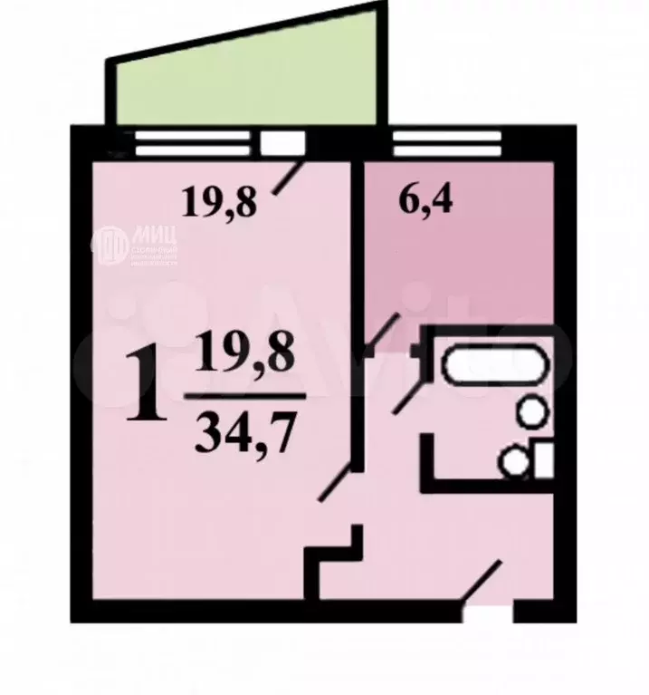 1-к. квартира, 35,1 м, 2/9 эт. - Фото 0