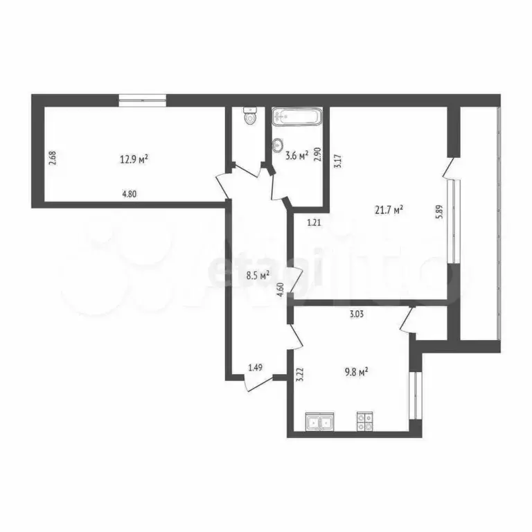 2-к. квартира, 60,6 м, 3/9 эт. - Фото 0