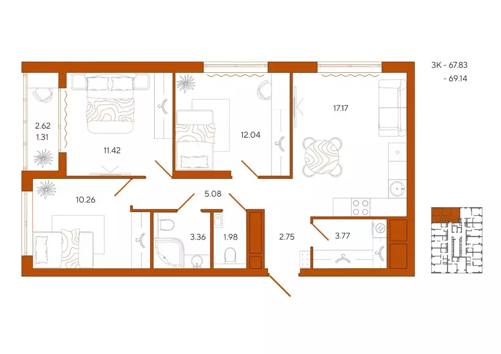 3-к кв. Пензенская область, Пенза Терра жилой комплекс (69.14 м) - Фото 1