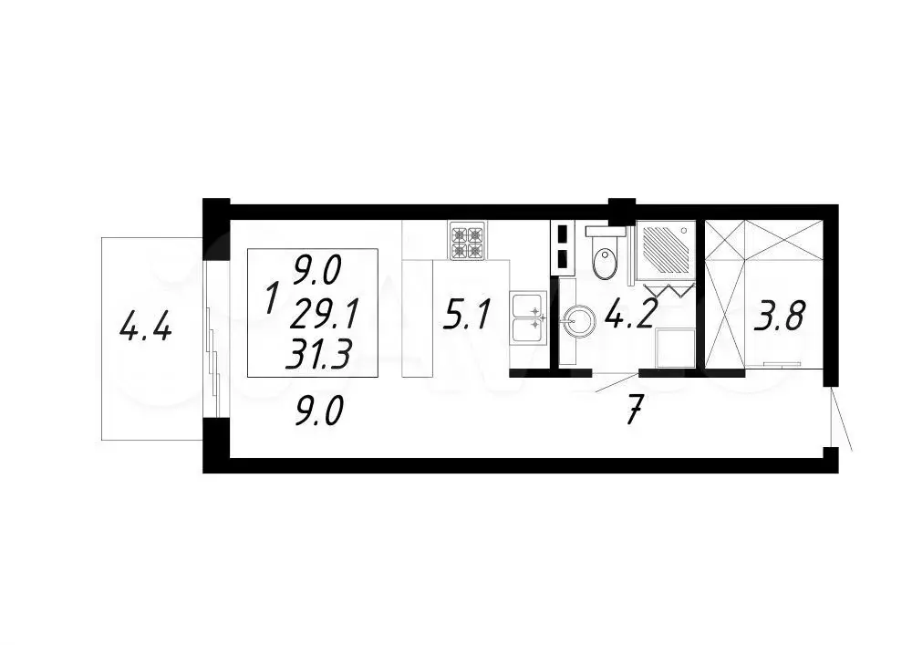 1-к. квартира, 31,3 м, 1/8 эт. - Фото 0