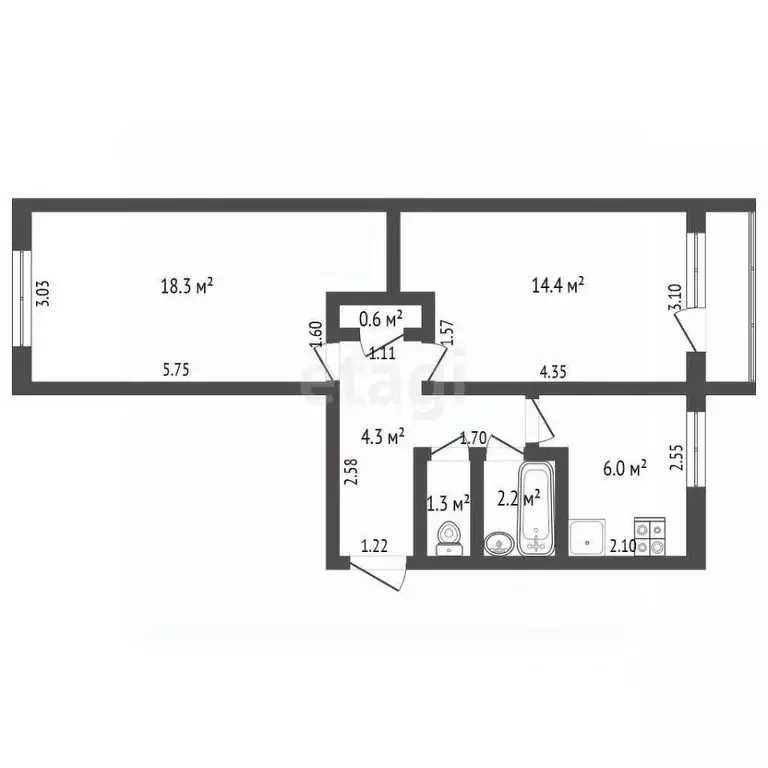 2-к кв. Омская область, Омск Кемеровская ул., 8 (47.1 м) - Фото 1