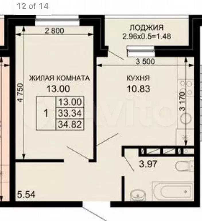 1-к. квартира, 34 м, 6/9 эт. - Фото 0