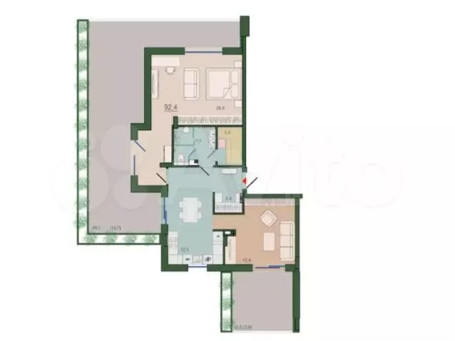 2-к. квартира, 91,4 м, 9/9 эт. - Фото 1