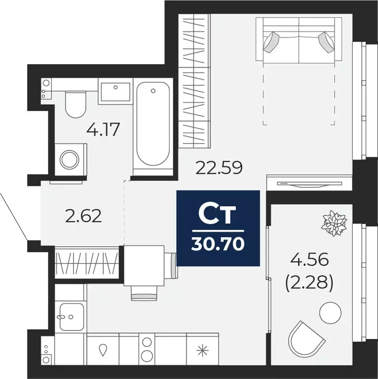 Квартира-студия: Тюмень, Камчатская улица, 109к1 (32.98 м) - Фото 1