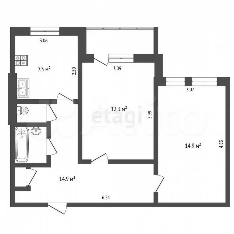 2-к. квартира, 54,6 м, 1/5 эт. - Фото 0