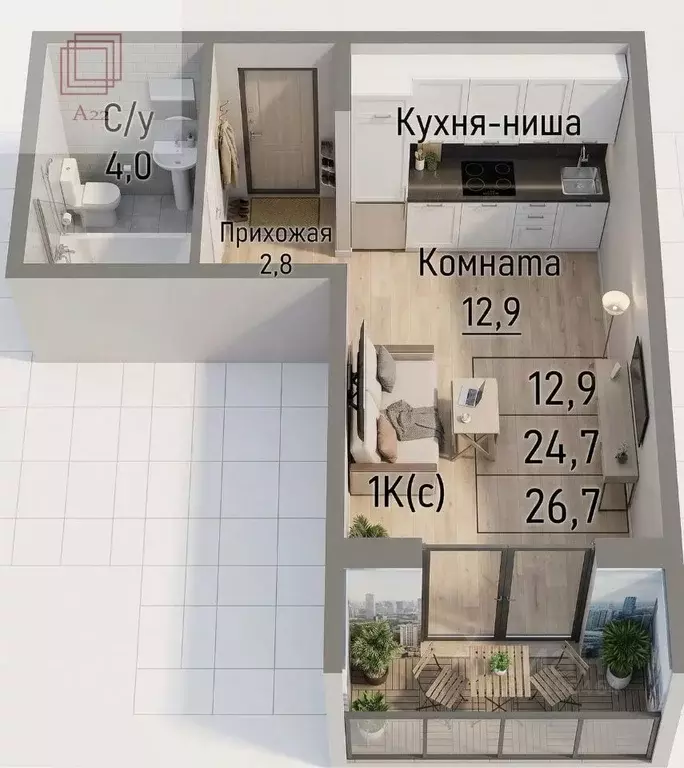 Студия Алтайский край, Барнаул тракт Павловский, 196Ак2 (27.0 м) - Фото 1