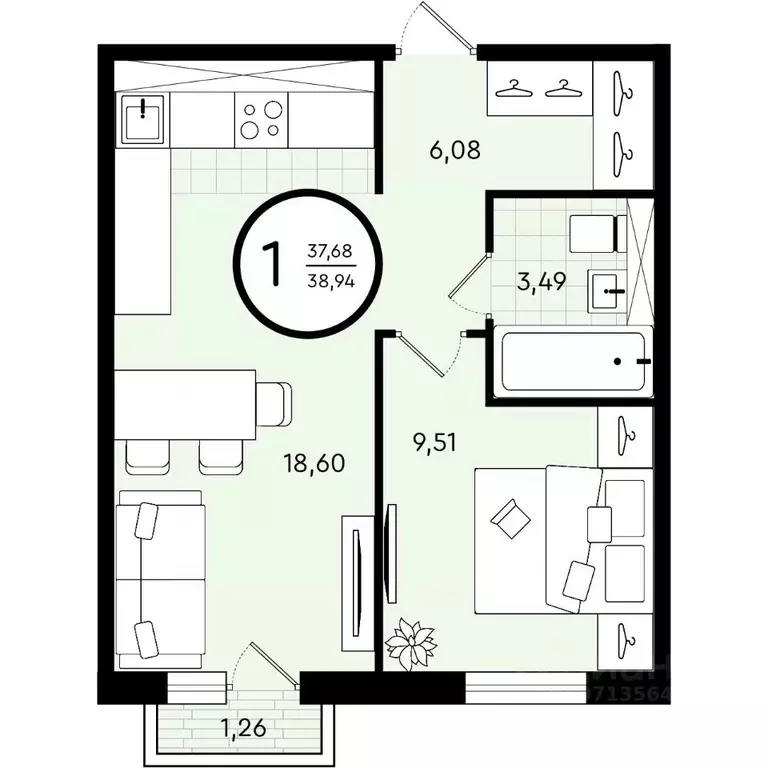 1-к кв. Тюменская область, Тюмень ул. Александра Звягина, 2 (38.94 м) - Фото 1