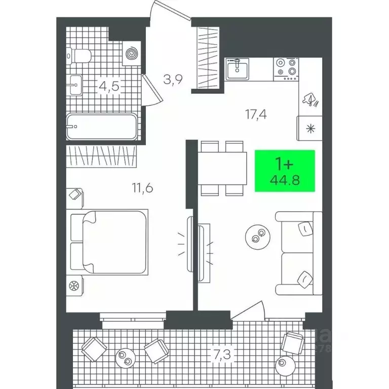 1-к кв. Тюменская область, Тюмень ул. Василия Малкова, 19 (44.84 м) - Фото 0