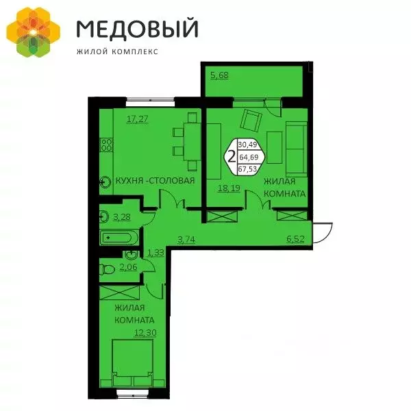 2-к кв. Пермский край, д. Кондратово ул. Г.Н. Нифантова, 4Б (67.53 м) - Фото 0