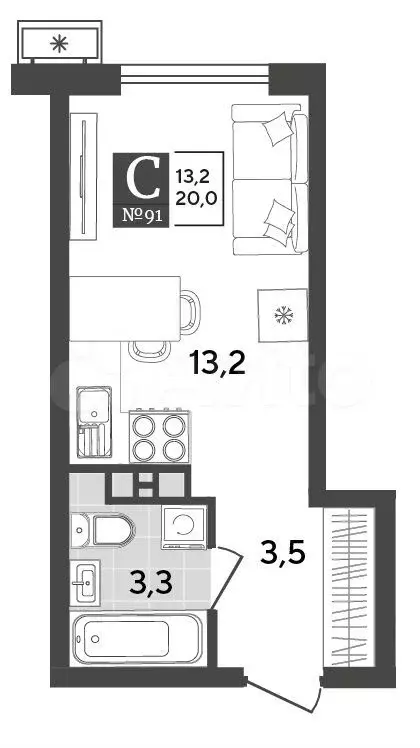 Квартира-студия, 20 м, 5/18 эт. - Фото 1