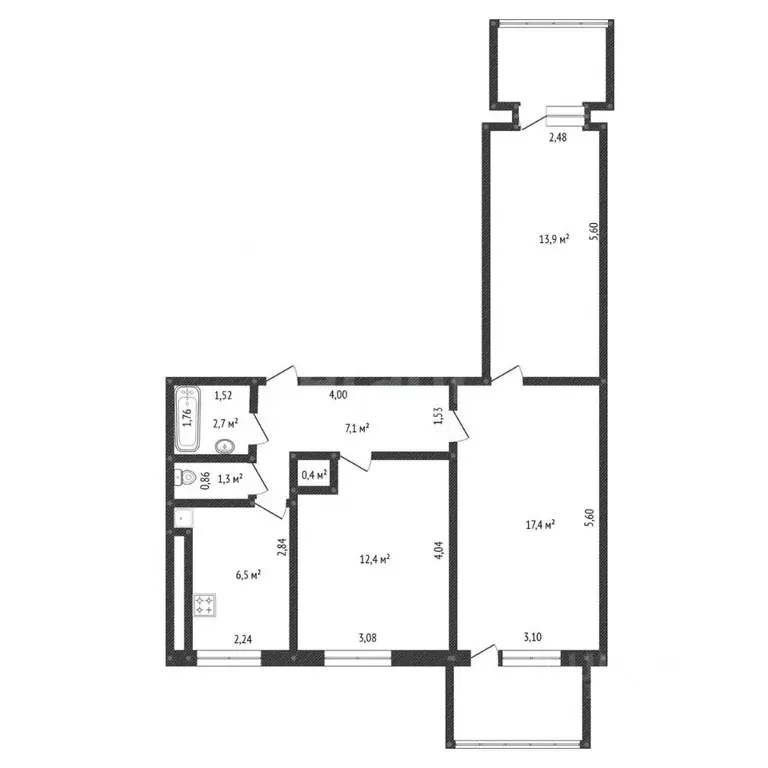 3-к кв. Башкортостан, Уфа ул. Юрия Гагарина, 12 (61.7 м) - Фото 2