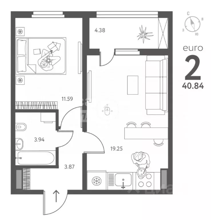 2-к кв. Липецкая область, Липецк Инстеп. Перова жилой комплекс (40.84 ... - Фото 2