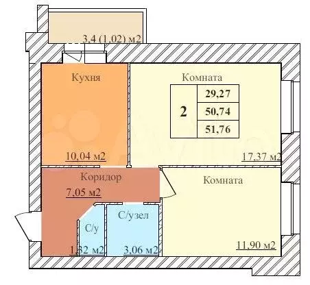 2-к. квартира, 51,8 м, 5/5 эт. - Фото 0