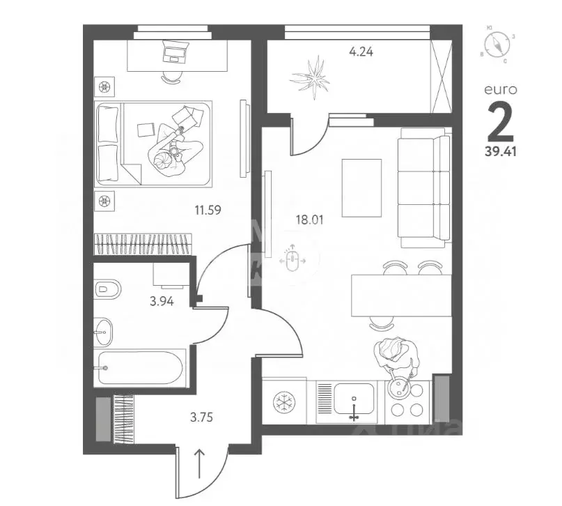 1-к кв. Липецкая область, Липецк ул. Перова, 2 (39.41 м) - Фото 2
