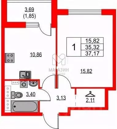 1-к кв. Санкт-Петербург Октябрьская наб., 120 (37.0 м) - Фото 2