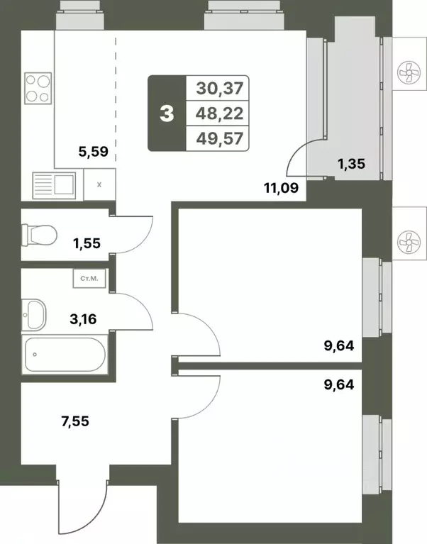 3-к кв. Башкортостан, Уфимский район, с. Миловка  (49.57 м) - Фото 1