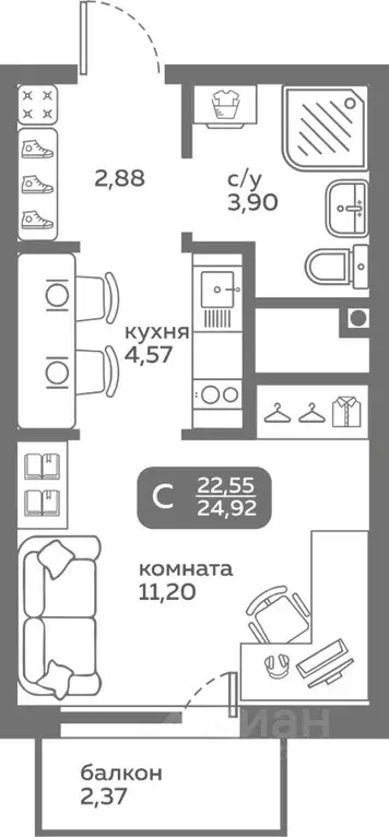 Студия Тюменская область, Тюмень ул. Вадима Бованенко, 10 (22.55 м) - Фото 0