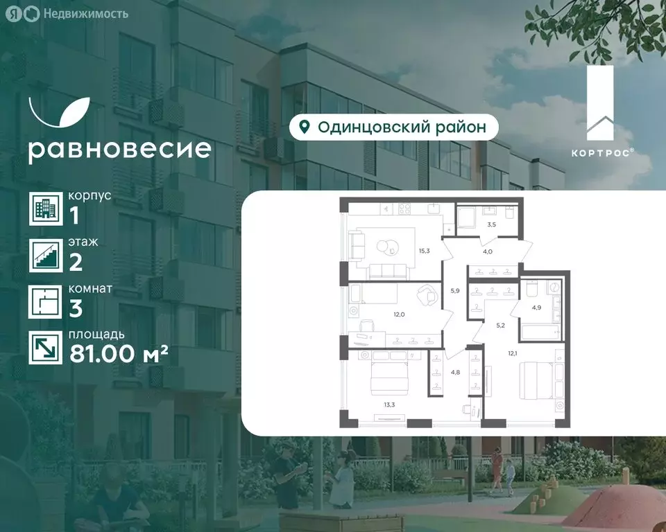 3-комнатная квартира: село Перхушково, микрорайон Равновесие, 1 (81 м) - Фото 1
