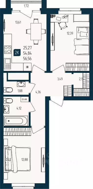 2-к кв. Тюменская область, Тюмень  (54.84 м) - Фото 0