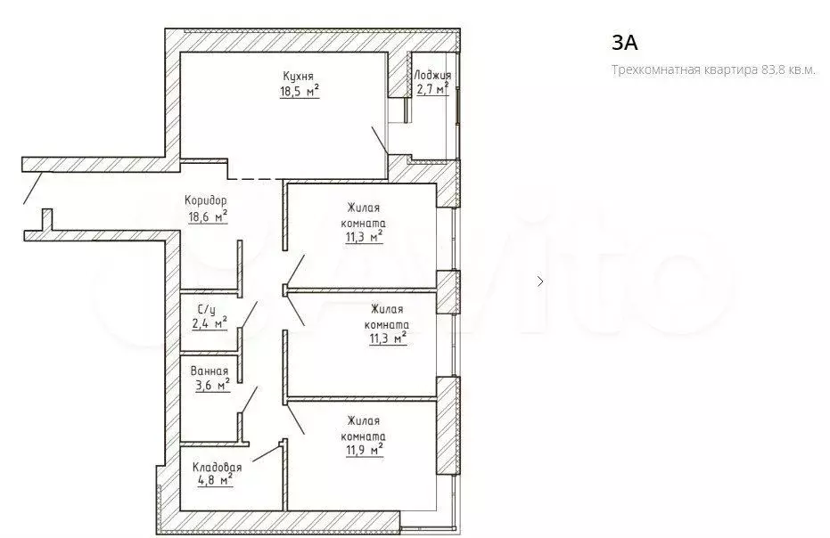 3-к. квартира, 83,8 м, 6/9 эт. - Фото 0